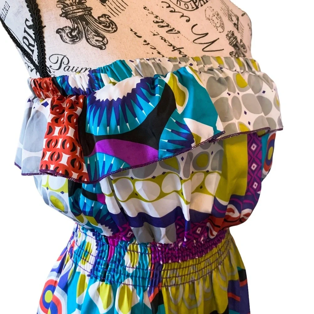 3 for 30 💥 Ventti VTG Satin Strapless Colorful Mini Dress Circus Print Purple - Picture 6 of 16